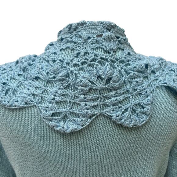 VTG Nine West Cardigan Sz L Blue Ramie Open Front Crochet Bell Sleeve Boho Y2K - Picture 7 of 10
